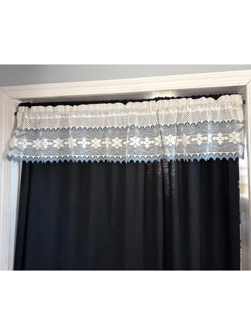White & Blue Crochet Lace Curtain Valance 60